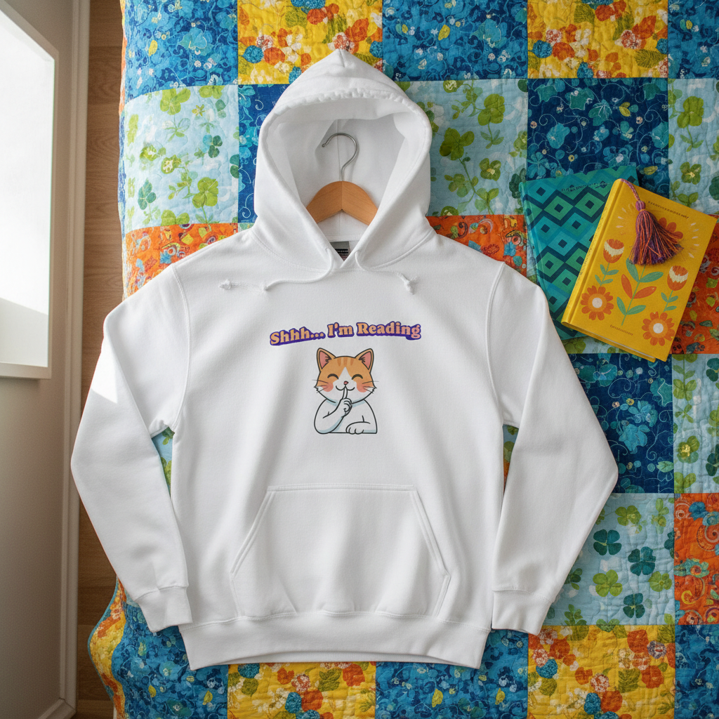 Reading Cat Hoodie — "Shhh... I'm Reading" Cute Cat Graphic Pullover