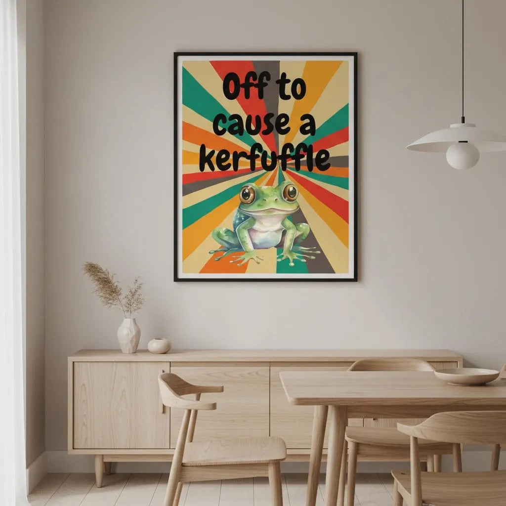 Off to Cause a Kerfuffle Frog Poster | Retro Vibe Funny Frog Wall Art