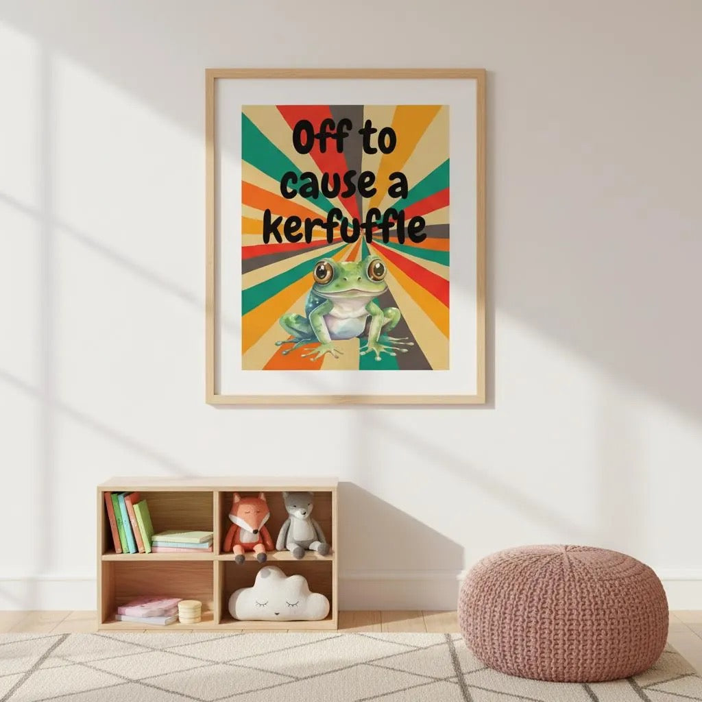 Off to Cause a Kerfuffle Frog Poster | Retro Vibe Funny Frog Wall Art