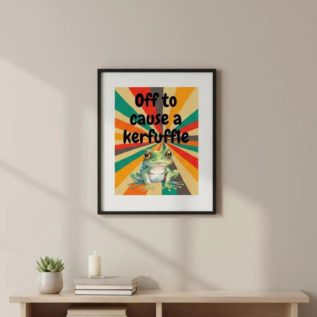 Off to Cause a Kerfuffle Frog Poster | Retro Vibe Funny Frog Wall Art