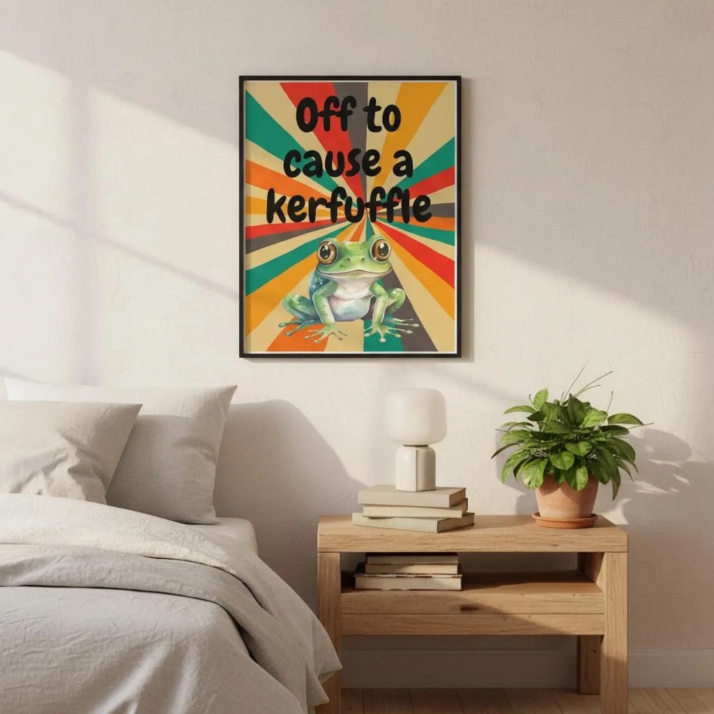 Off to Cause a Kerfuffle Frog Poster | Retro Vibe Funny Frog Wall Art