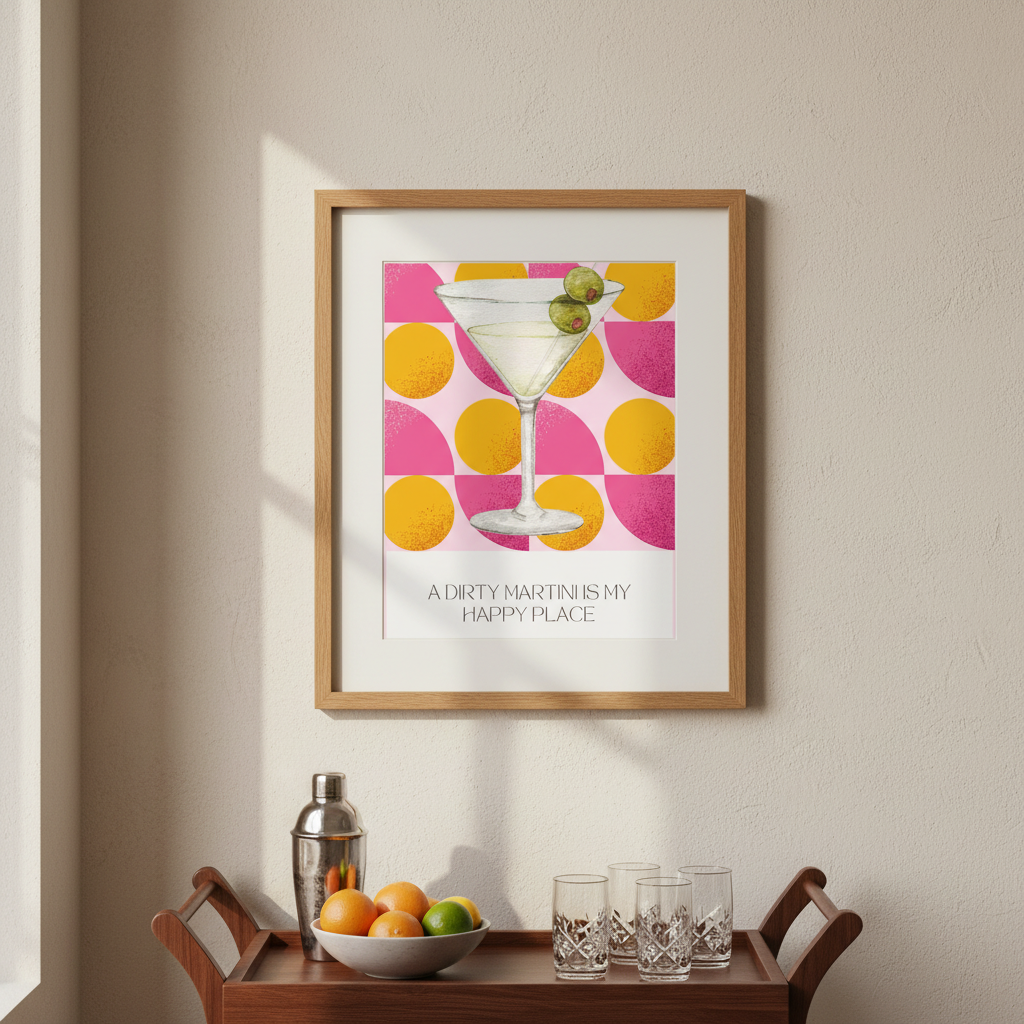 Dirty Martini Poster | Retro Cocktail Wall Art, Pink Orange Polka Dot
