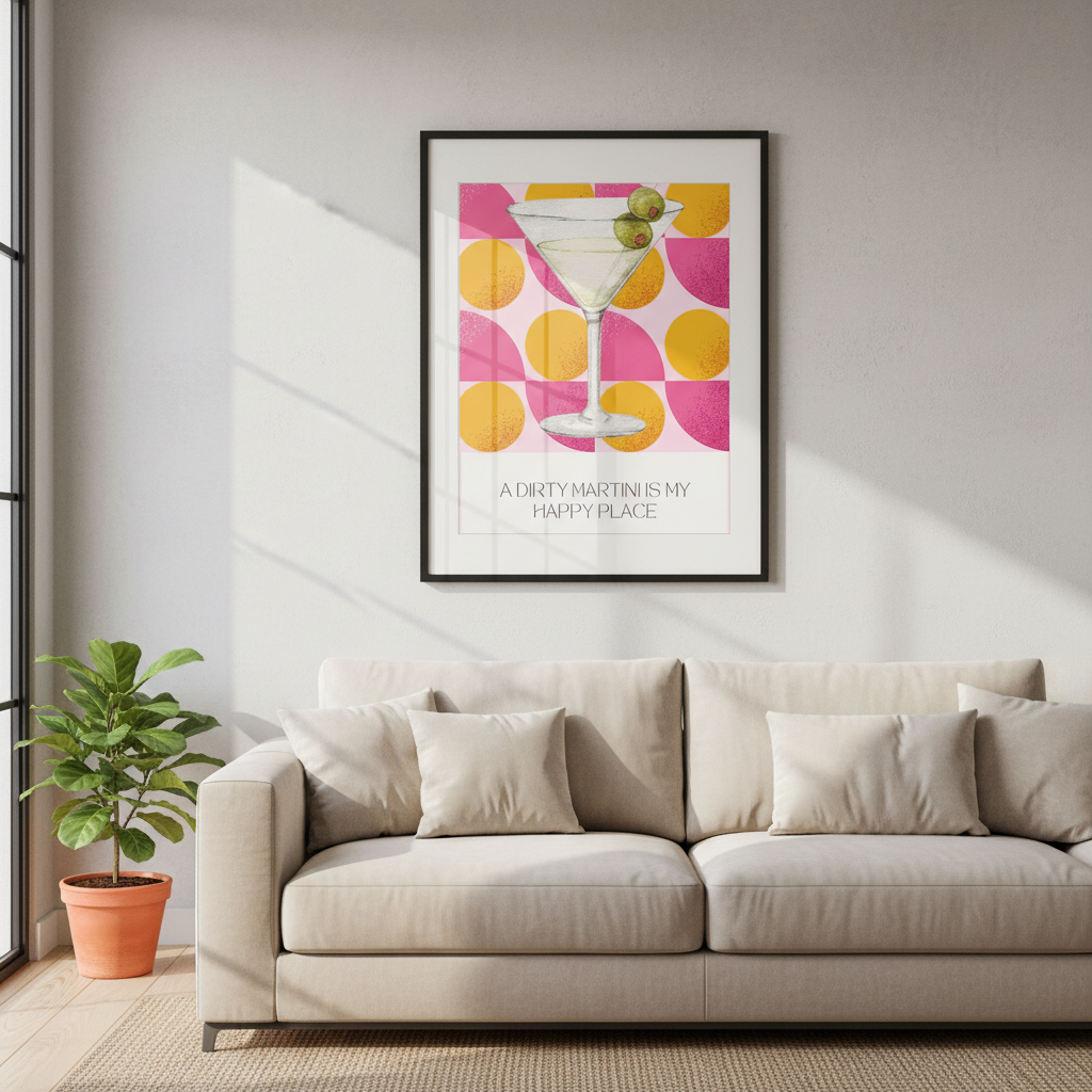 Dirty Martini Poster | Retro Cocktail Wall Art, Pink Orange Polka Dot