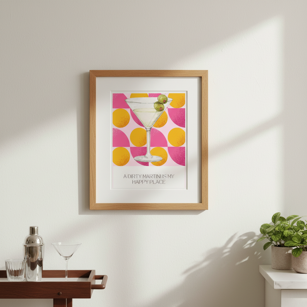 Dirty Martini Poster | Retro Cocktail Wall Art, Pink Orange Polka Dot