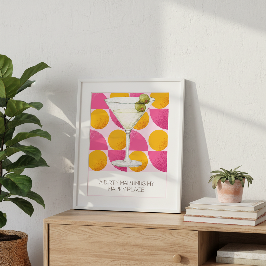 Dirty Martini Poster | Retro Cocktail Wall Art, Pink Orange Polka Dot