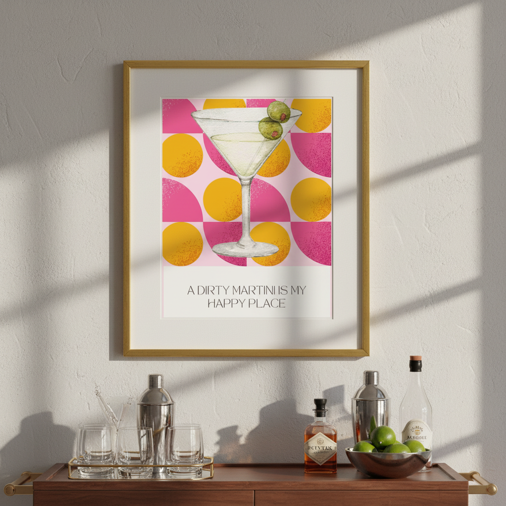 Dirty Martini Poster | Retro Cocktail Wall Art, Pink Orange Polka Dot