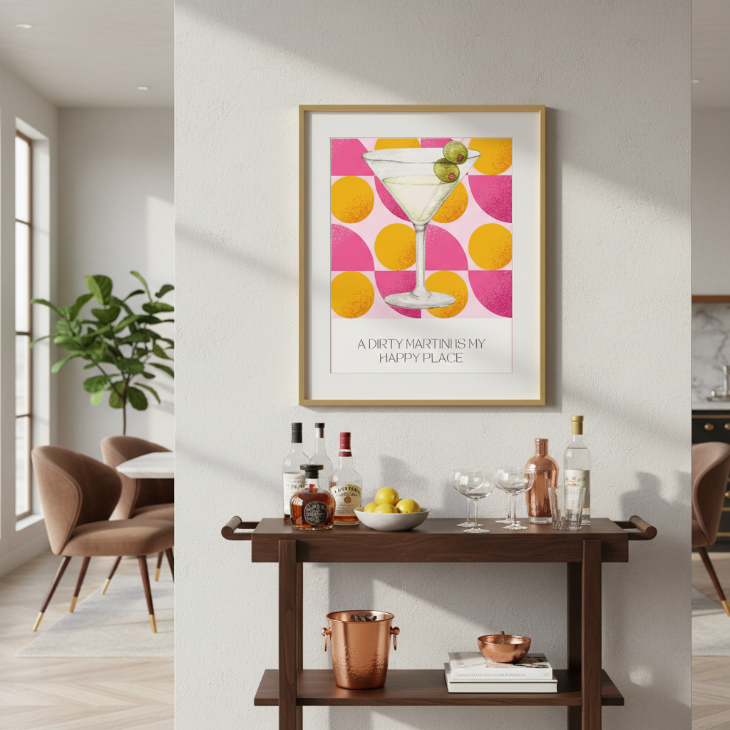 Dirty Martini Poster | Retro Cocktail Wall Art, Pink Orange Polka Dot