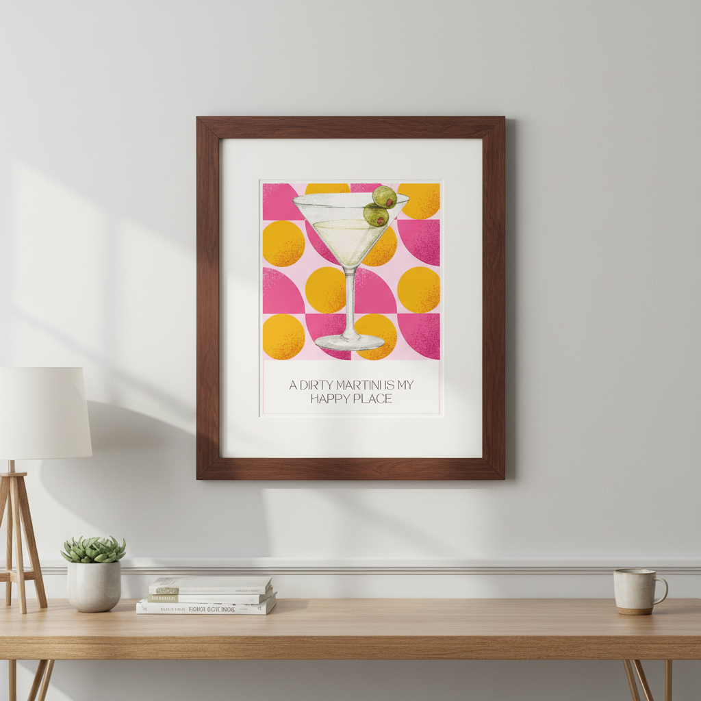 Dirty Martini Poster | Retro Cocktail Wall Art, Pink Orange Polka Dot