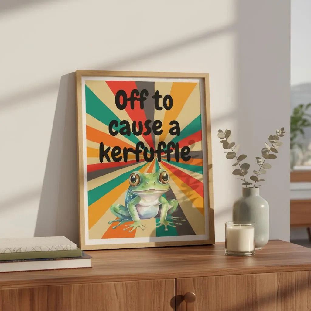 Off to Cause a Kerfuffle Frog Poster | Retro Vibe Funny Frog Wall Art