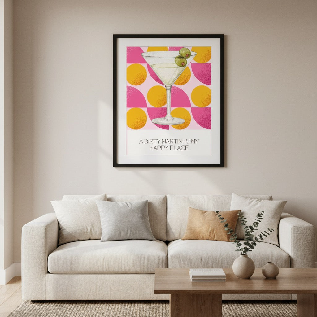 Dirty Martini Poster | Retro Cocktail Wall Art, Pink Orange Polka Dot