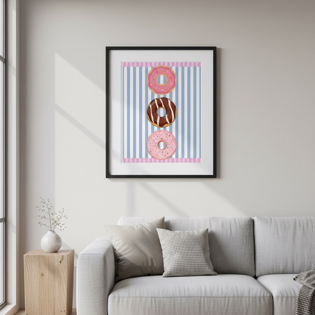 Donut Stack Poster | Pink Blue Striped Bakery Wall Art