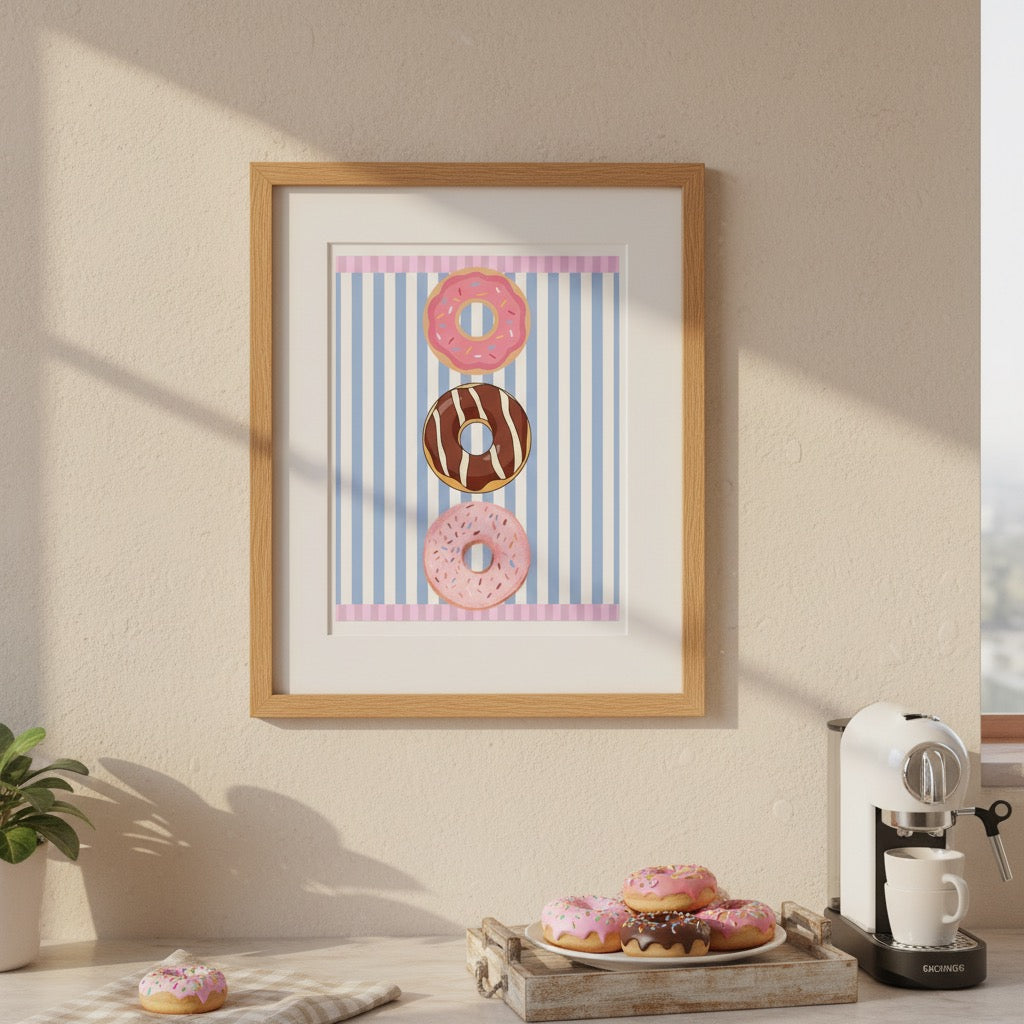 Donut Stack Poster | Pink Blue Striped Bakery Wall Art