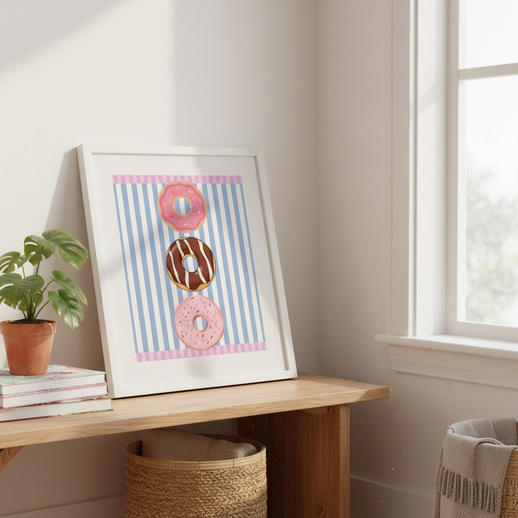 Donut Stack Poster | Pink Blue Striped Bakery Wall Art