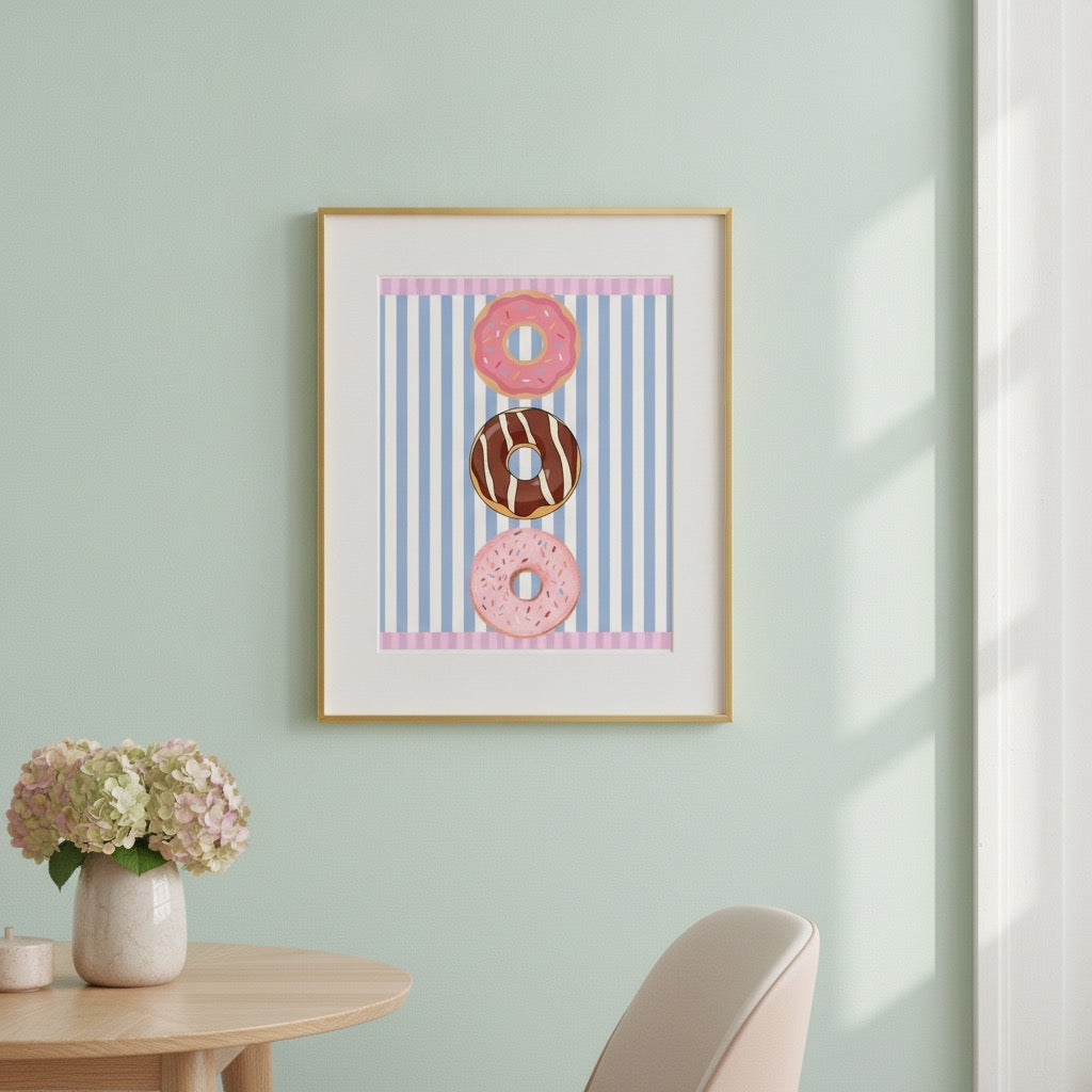 Donut Stack Poster | Pink Blue Striped Bakery Wall Art