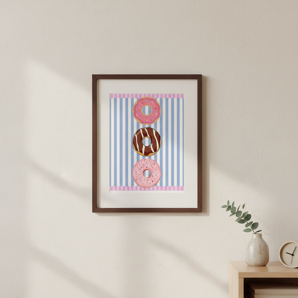 Donut Stack Poster | Pink Blue Striped Bakery Wall Art