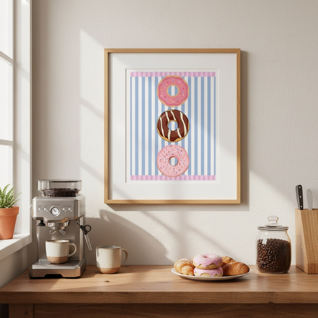Donut Stack Poster | Pink Blue Striped Bakery Wall Art