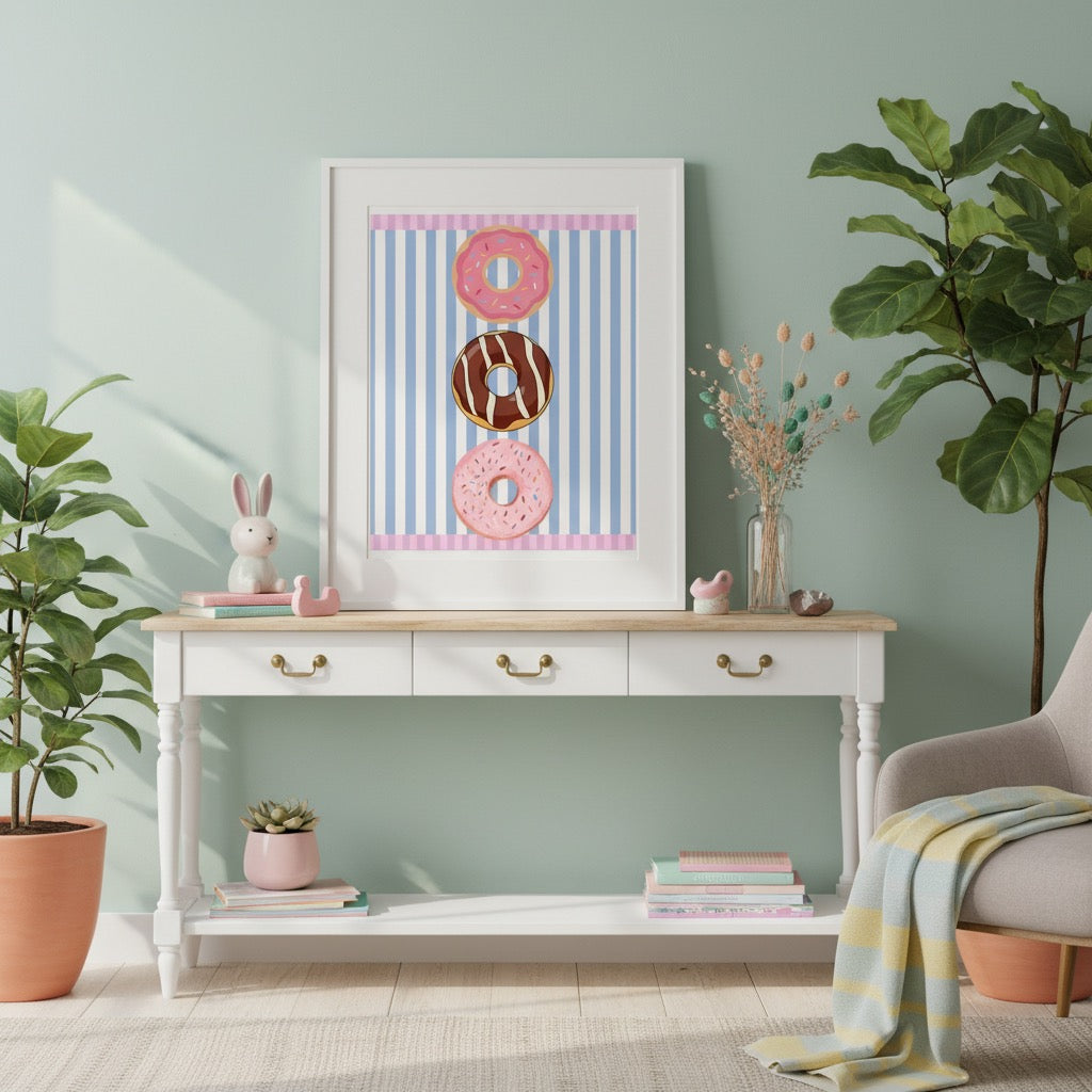 Donut Stack Poster | Pink Blue Striped Bakery Wall Art
