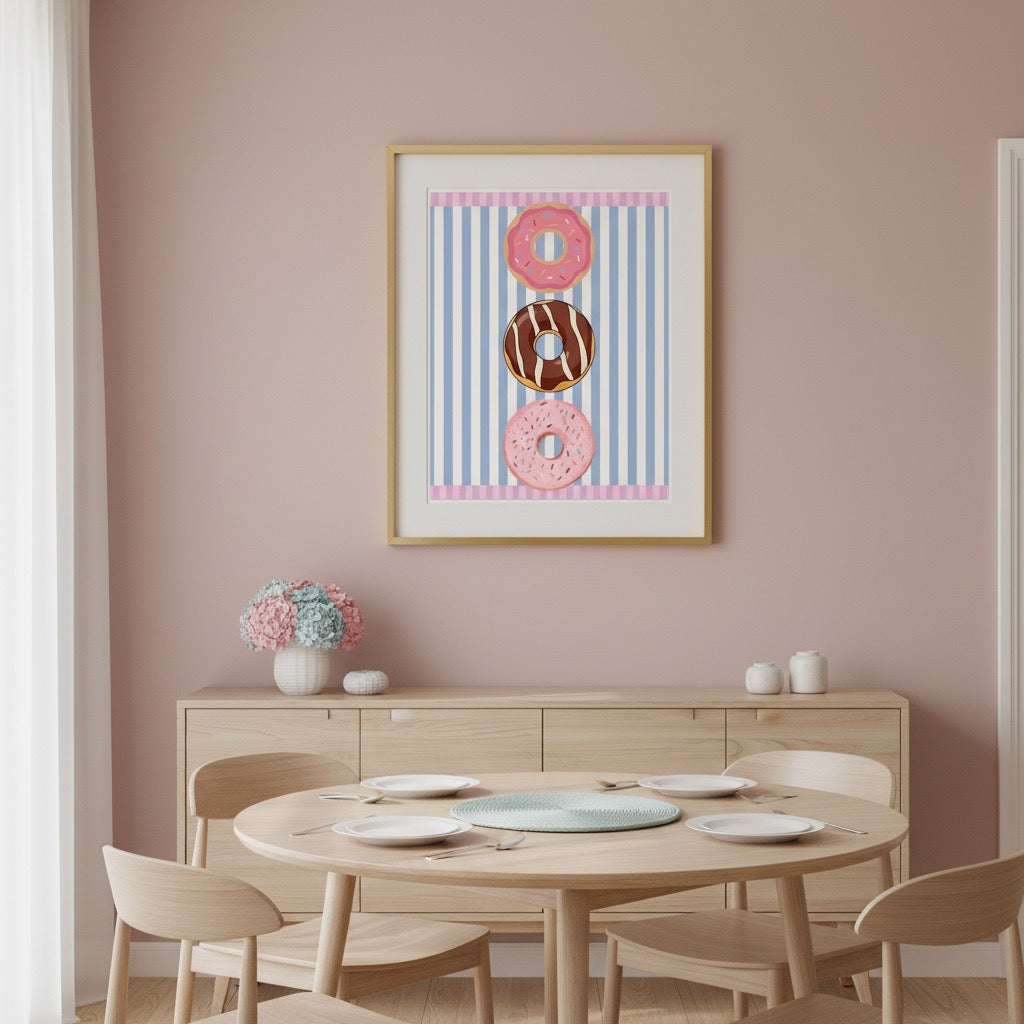 Donut Stack Poster | Pink Blue Striped Bakery Wall Art