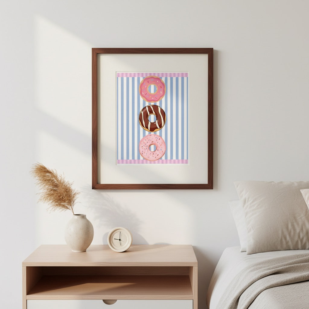 Donut Stack Poster | Pink Blue Striped Bakery Wall Art