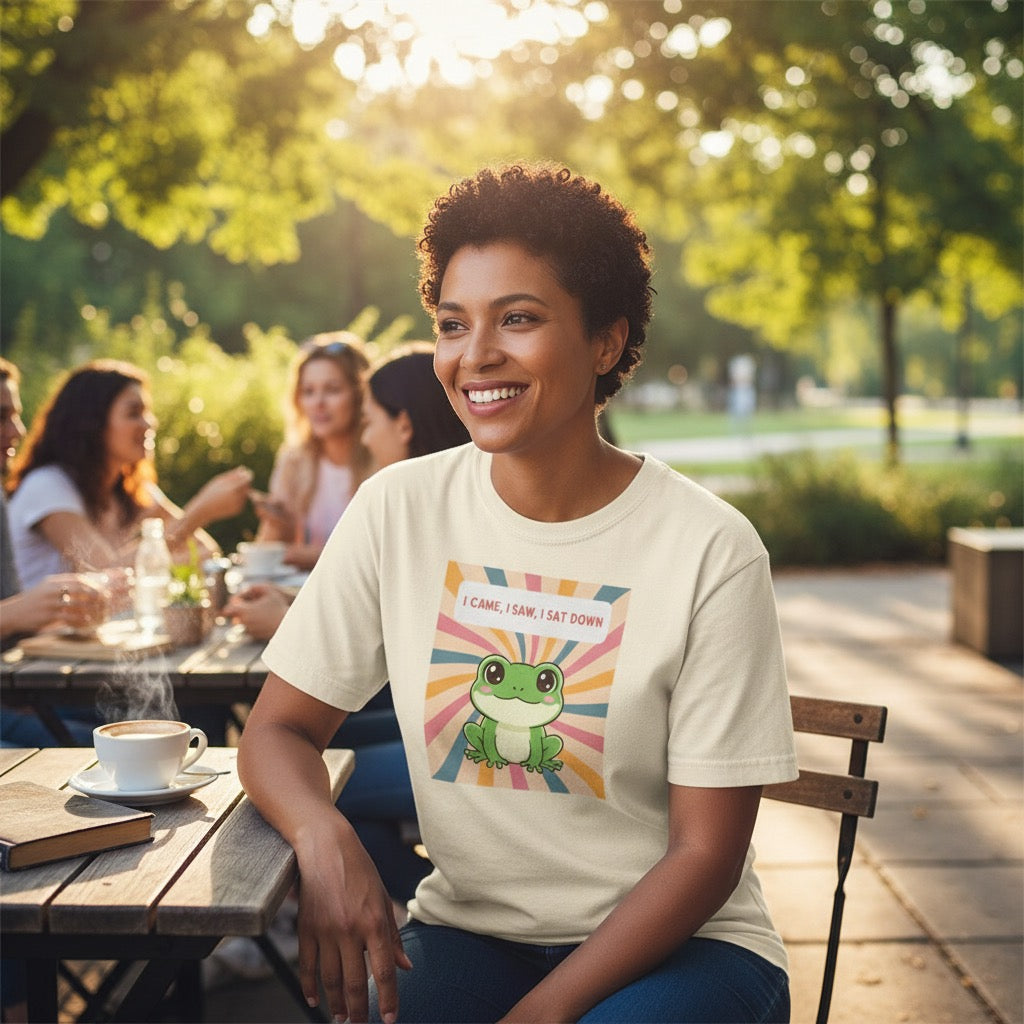 I Came, I Saw, I Sat Down Pond Frog T-Shirt | Retro Rainbow Illustration