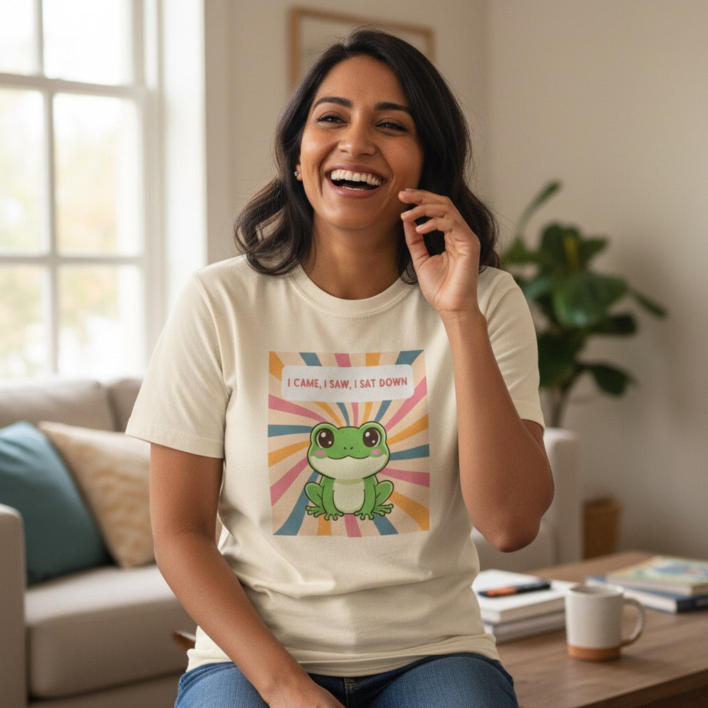 I Came, I Saw, I Sat Down Pond Frog T-Shirt | Retro Rainbow Illustration