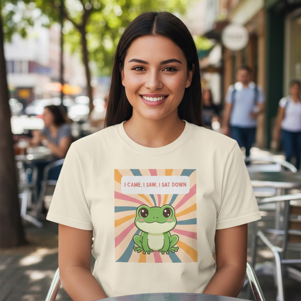 I Came, I Saw, I Sat Down Pond Frog T-Shirt | Retro Rainbow Illustration