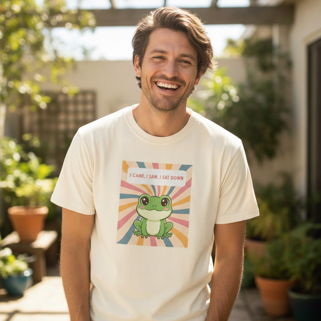 I Came, I Saw, I Sat Down Pond Frog T-Shirt | Retro Rainbow Illustration