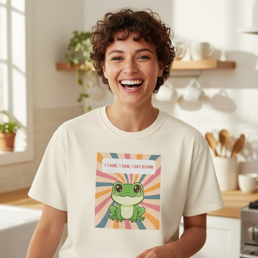 I Came, I Saw, I Sat Down Pond Frog T-Shirt | Retro Rainbow Illustration