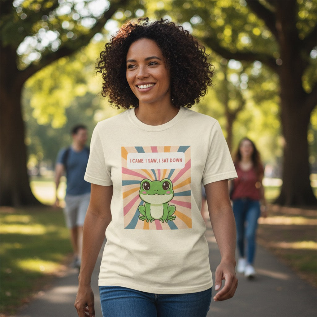I Came, I Saw, I Sat Down Pond Frog T-Shirt | Retro Rainbow Illustration