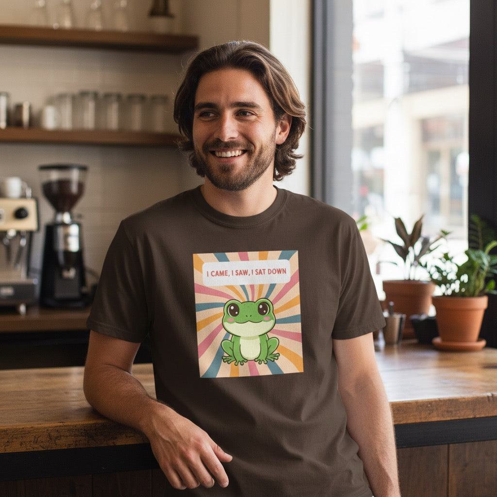 I Came, I Saw, I Sat Down Pond Frog T-Shirt | Retro Rainbow Illustration