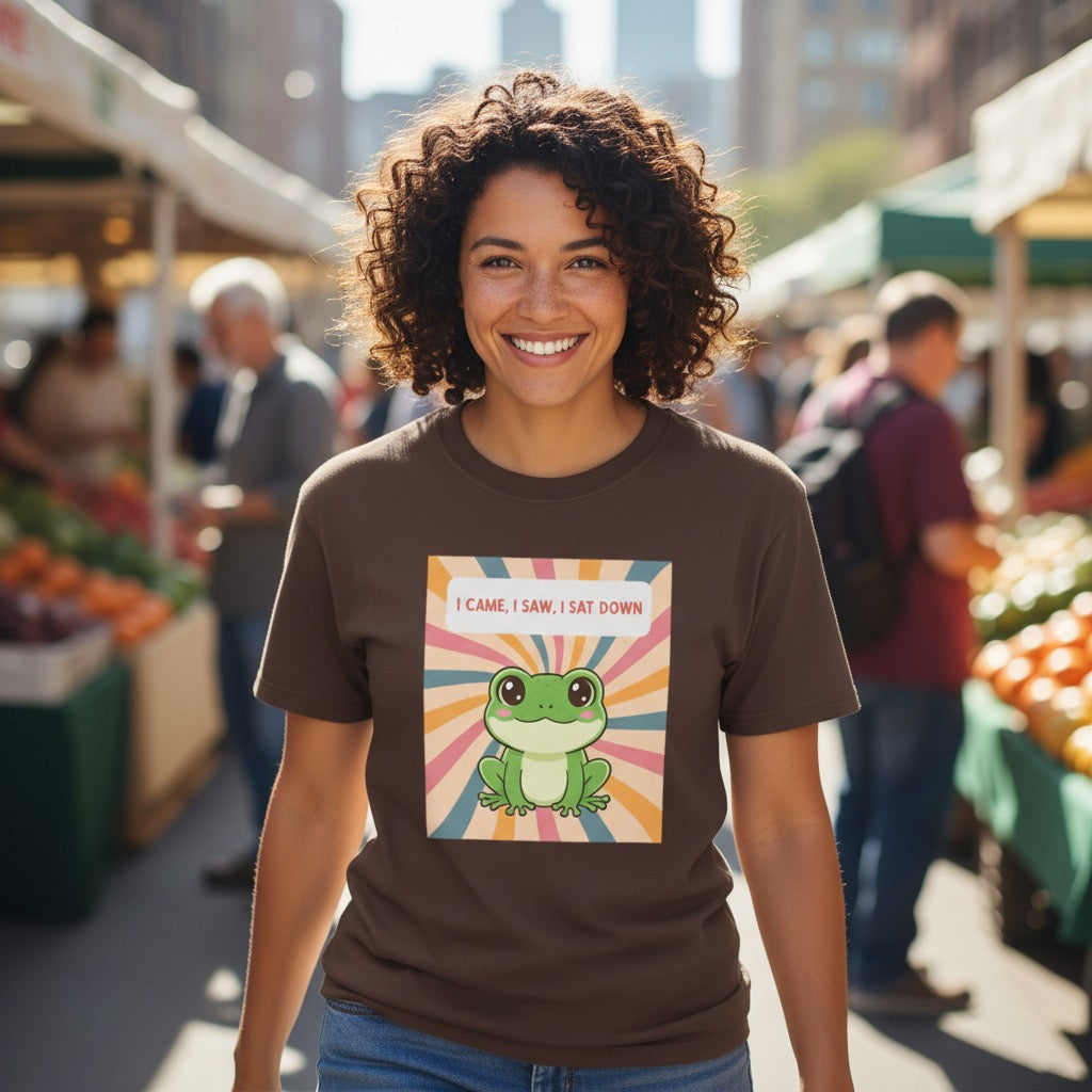 I Came, I Saw, I Sat Down Pond Frog T-Shirt | Retro Rainbow Illustration