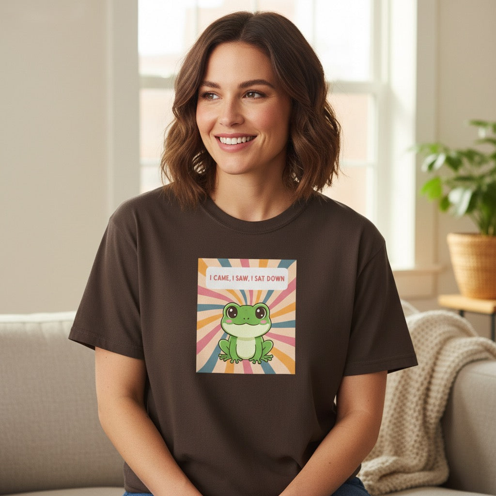 I Came, I Saw, I Sat Down Pond Frog T-Shirt | Retro Rainbow Illustration