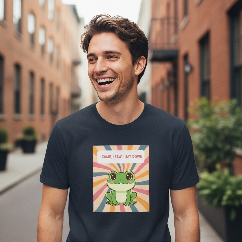 I Came, I Saw, I Sat Down Pond Frog T-Shirt | Retro Rainbow Illustration