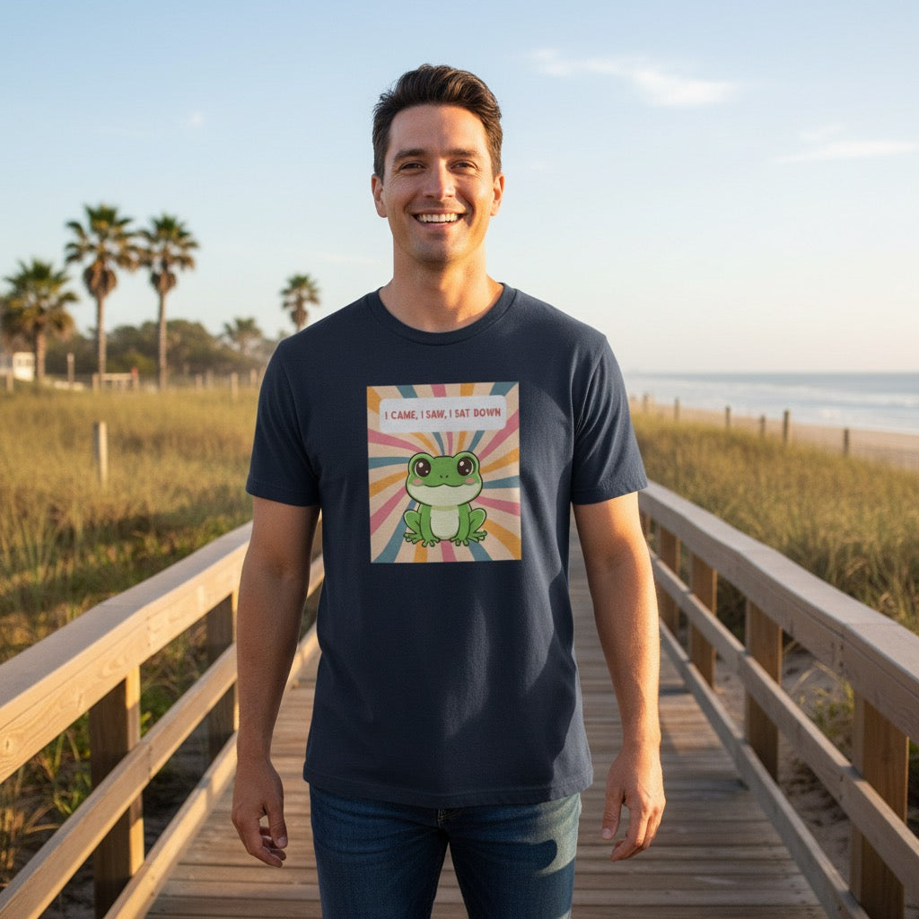I Came, I Saw, I Sat Down Pond Frog T-Shirt | Retro Rainbow Illustration