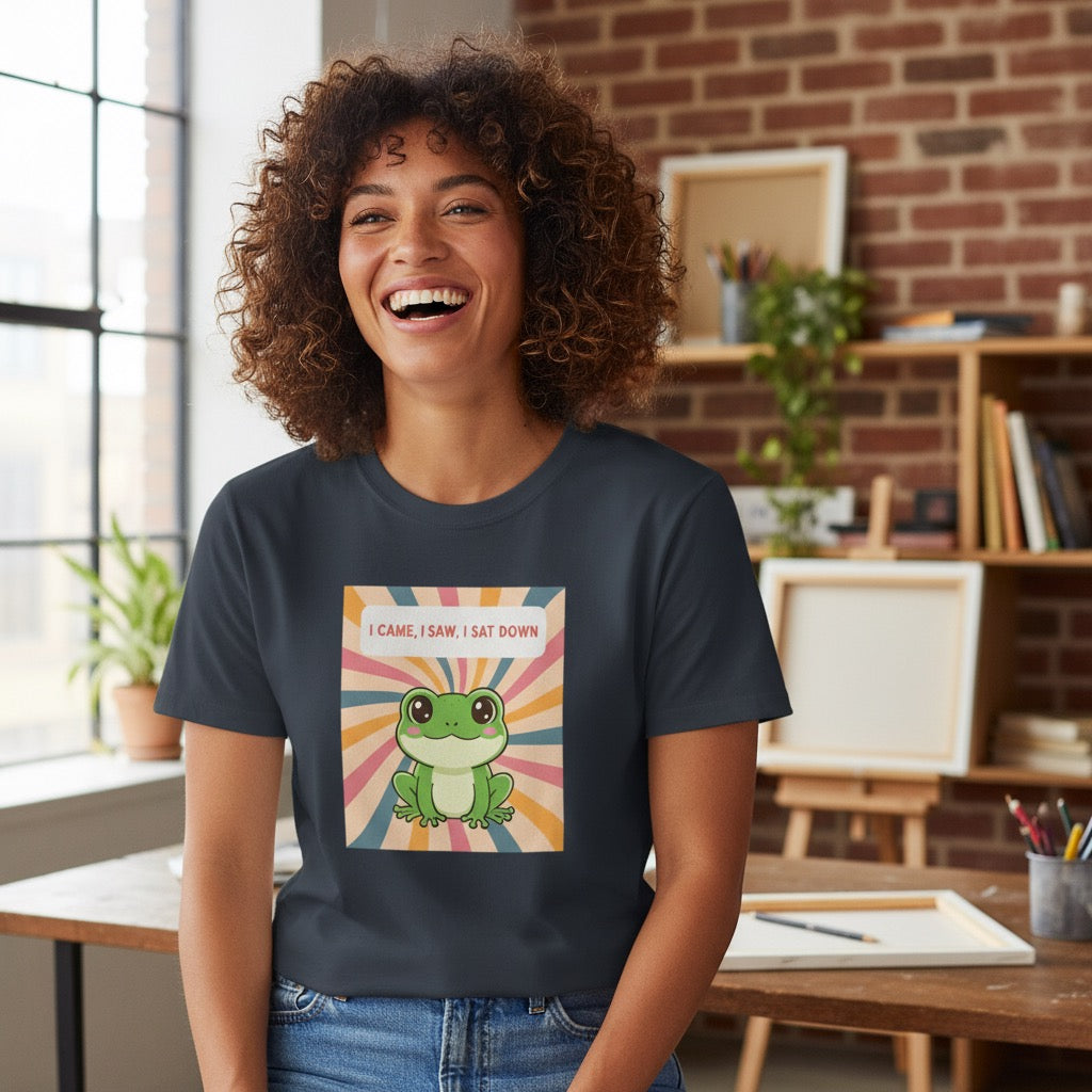I Came, I Saw, I Sat Down Pond Frog T-Shirt | Retro Rainbow Illustration
