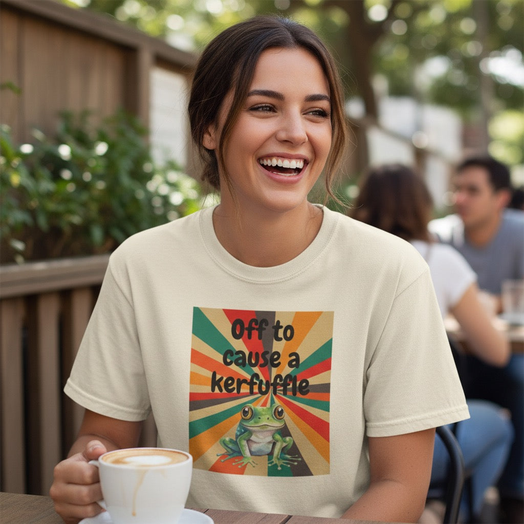Off to Cause a Kerfuffle Frog T-Shirt | Retro Sunburst Graphic Tee
