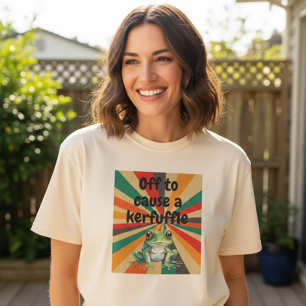 Off to Cause a Kerfuffle Frog T-Shirt | Retro Sunburst Graphic Tee