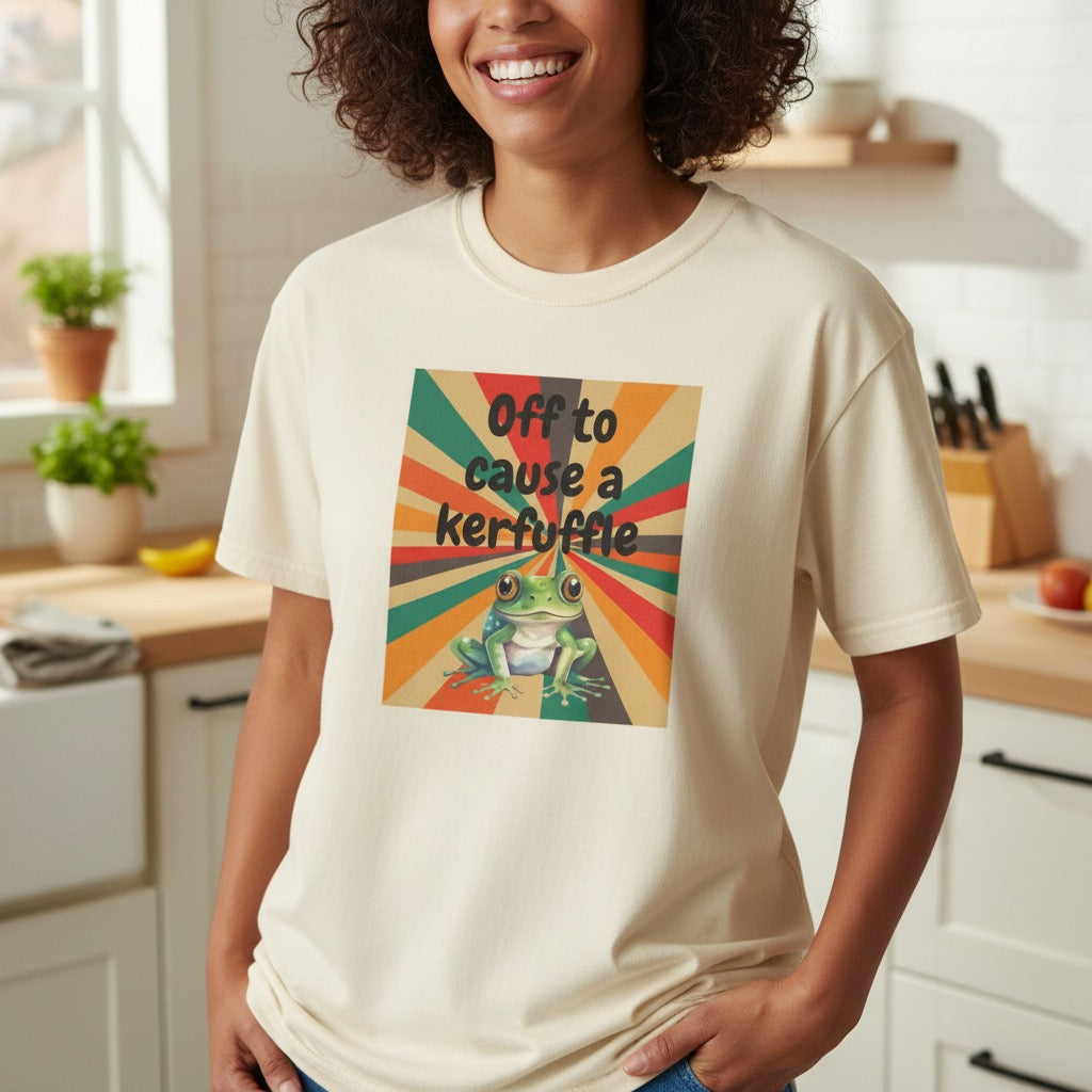 Off to Cause a Kerfuffle Frog T-Shirt | Retro Sunburst Graphic Tee