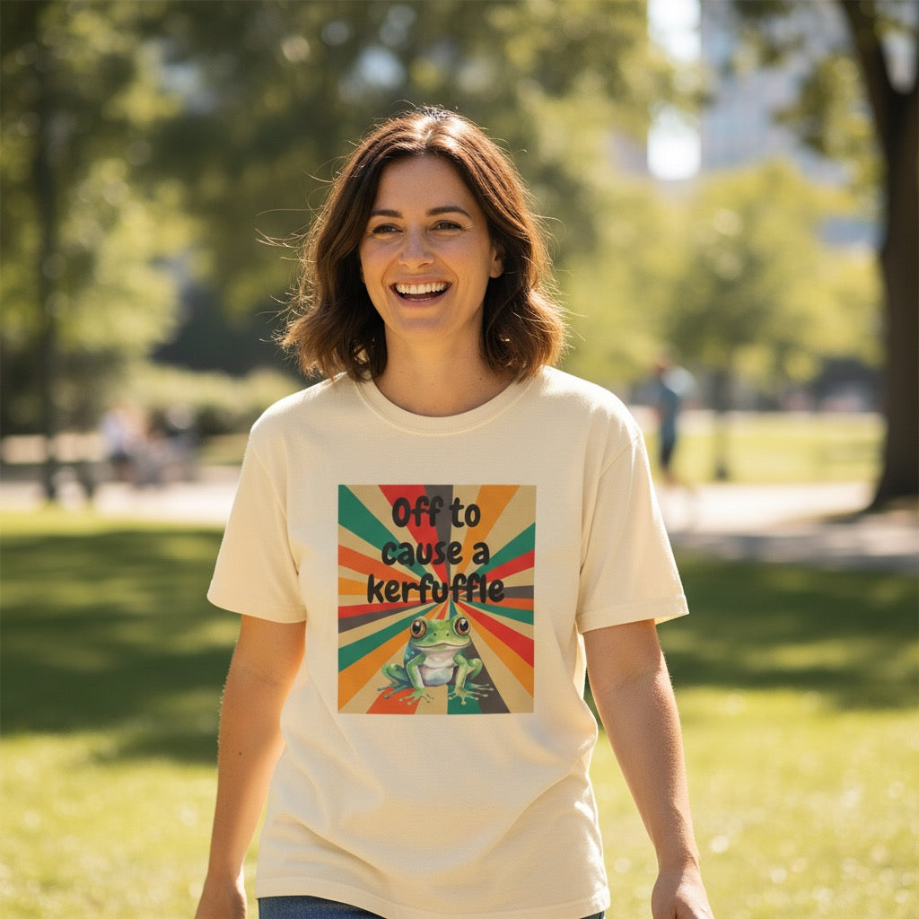 Off to Cause a Kerfuffle Frog T-Shirt | Retro Sunburst Graphic Tee