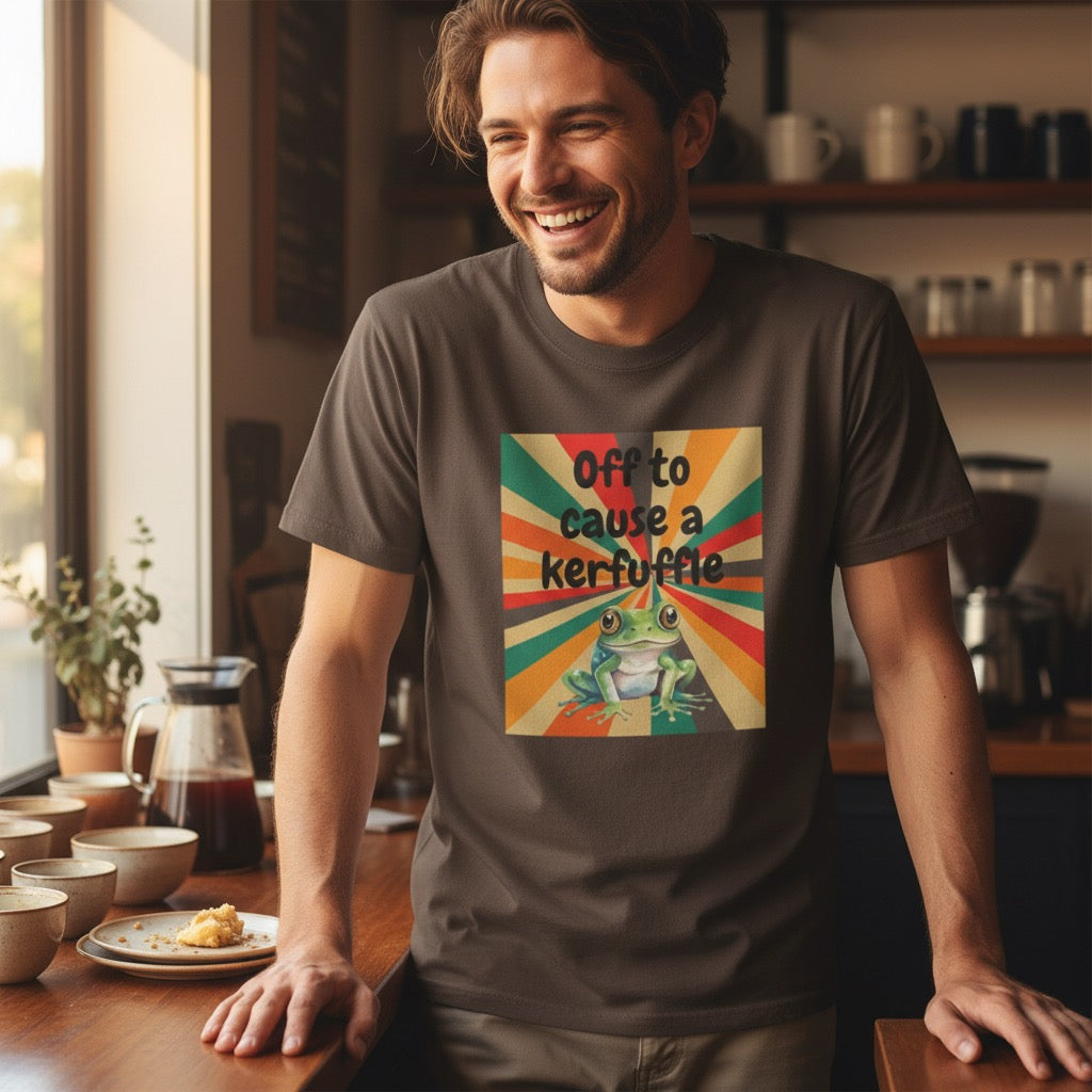 Off to Cause a Kerfuffle Frog T-Shirt | Retro Sunburst Graphic Tee