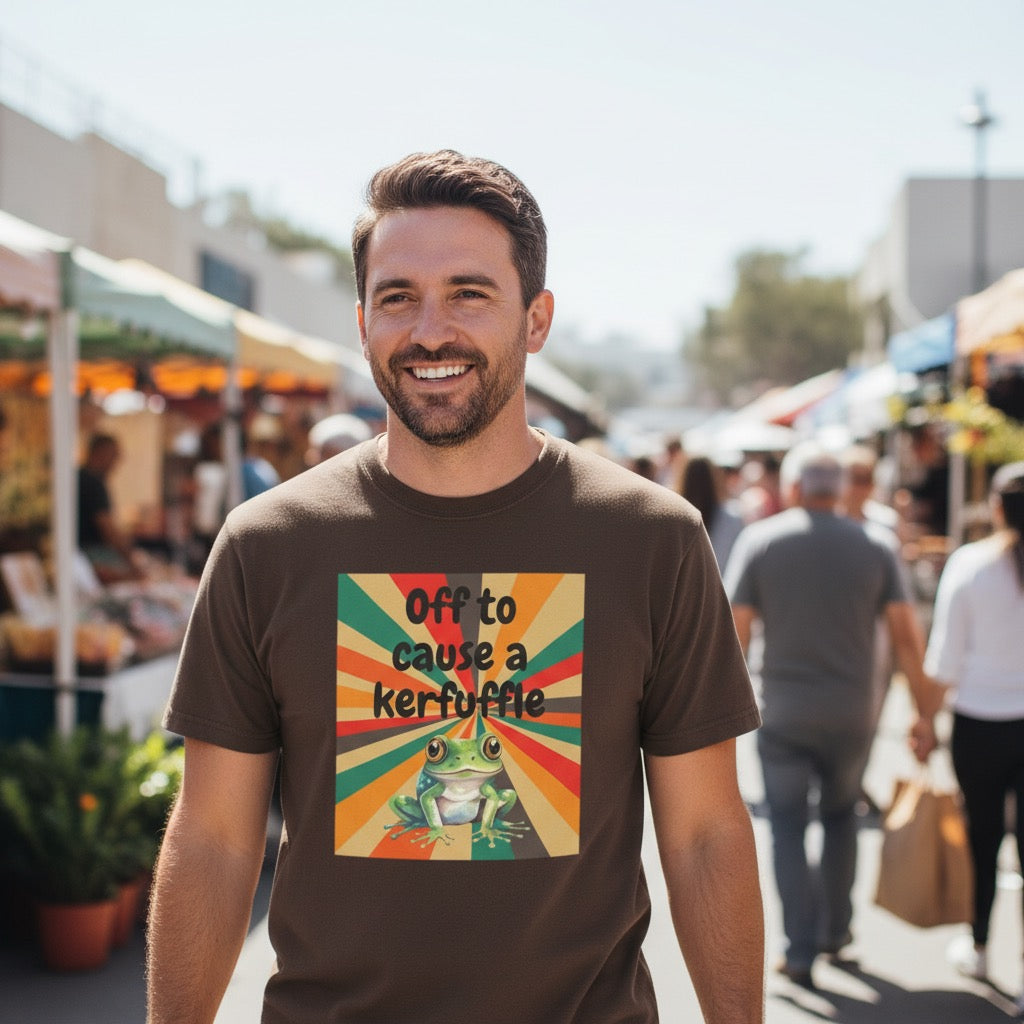 Off to Cause a Kerfuffle Frog T-Shirt | Retro Sunburst Graphic Tee