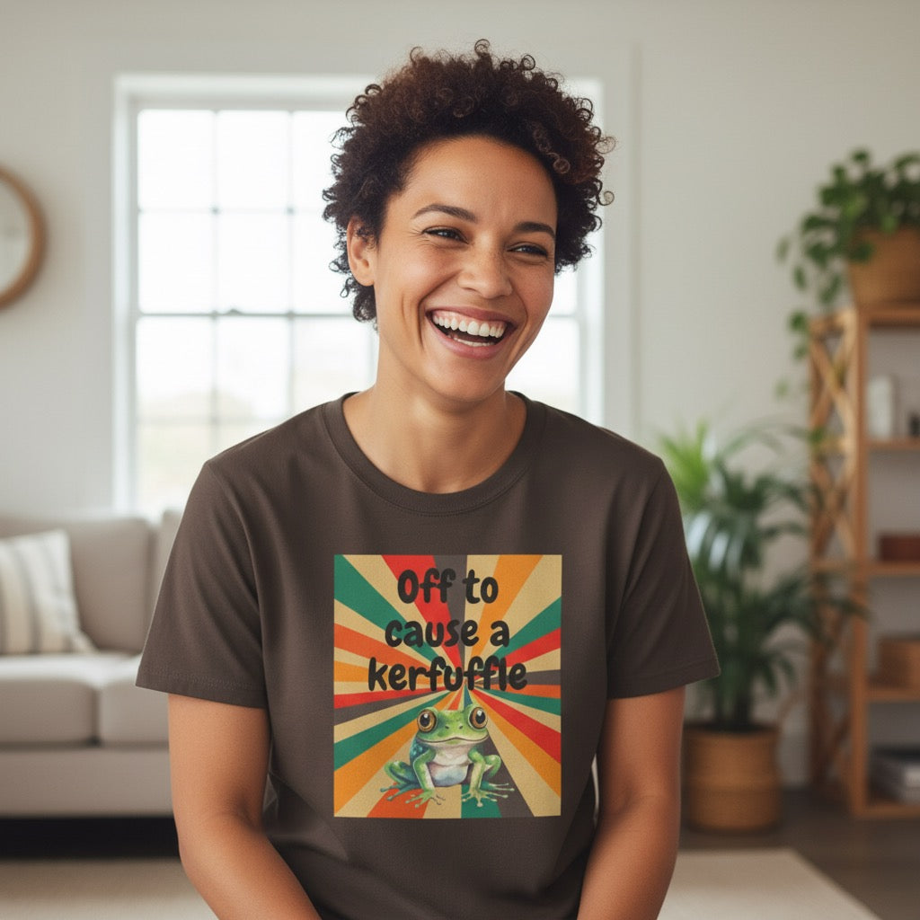 Off to Cause a Kerfuffle Frog T-Shirt | Retro Sunburst Graphic Tee