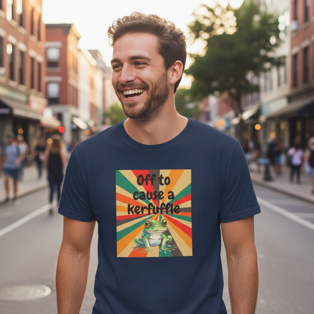 Off to Cause a Kerfuffle Frog T-Shirt | Retro Sunburst Graphic Tee