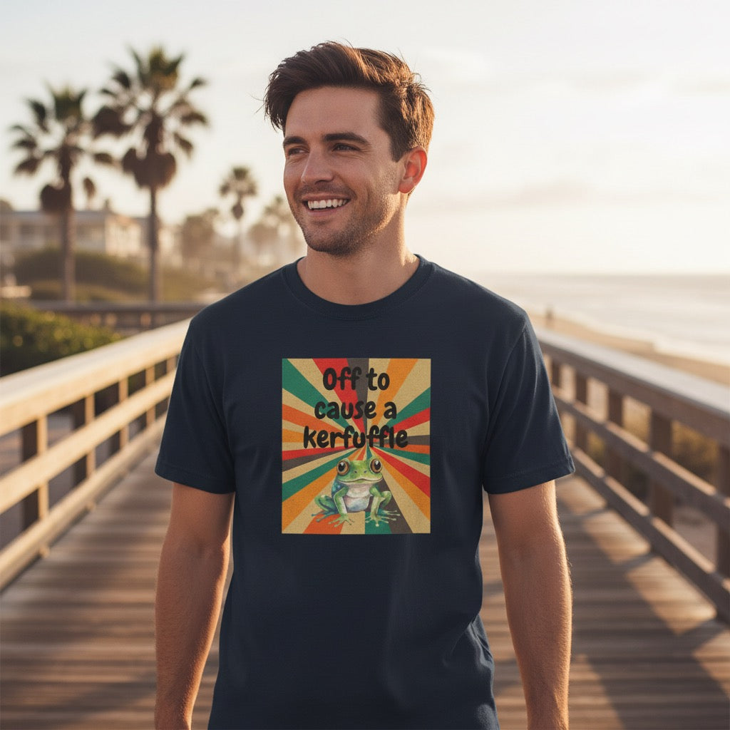 Off to Cause a Kerfuffle Frog T-Shirt | Retro Sunburst Graphic Tee