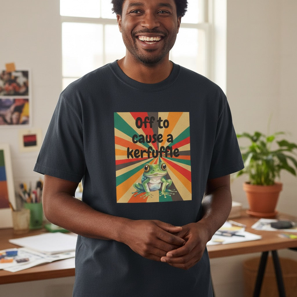 Off to Cause a Kerfuffle Frog T-Shirt | Retro Sunburst Graphic Tee