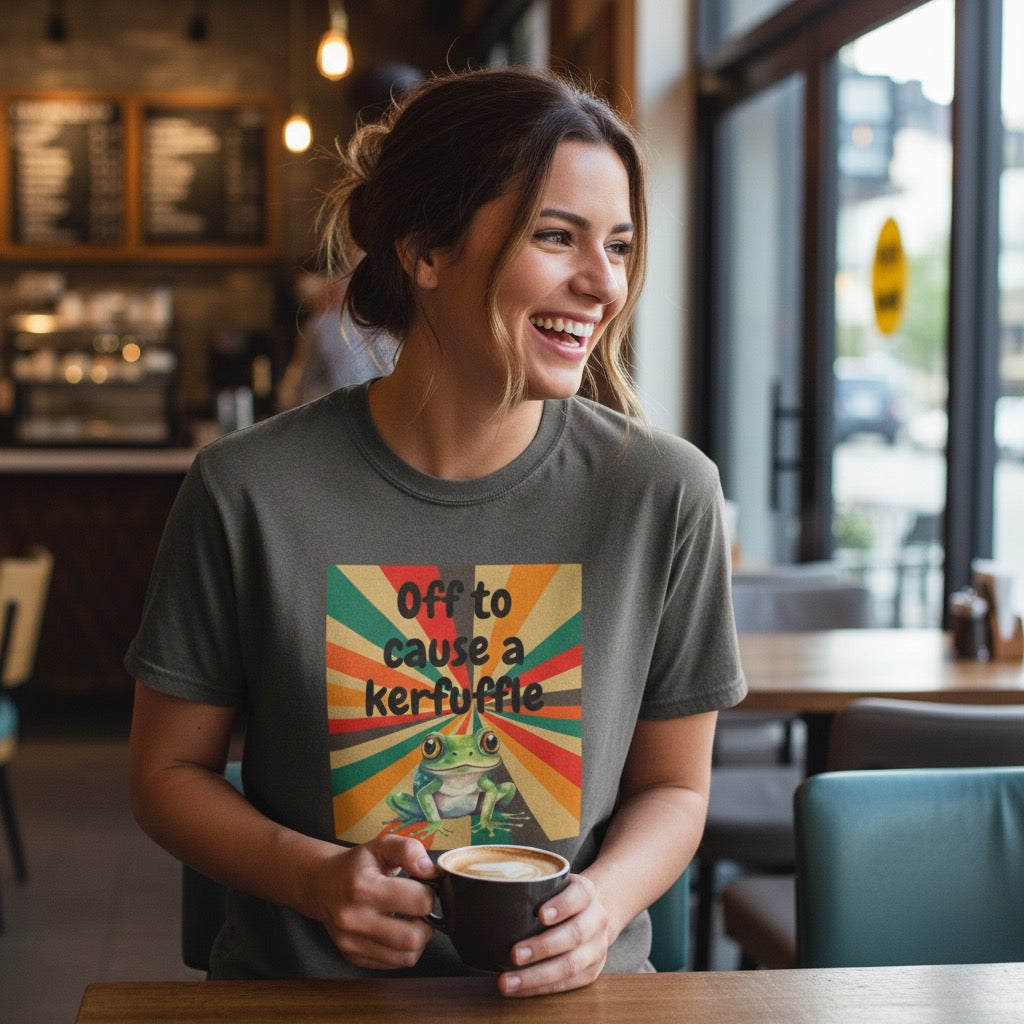 Off to Cause a Kerfuffle Frog T-Shirt | Retro Sunburst Graphic Tee
