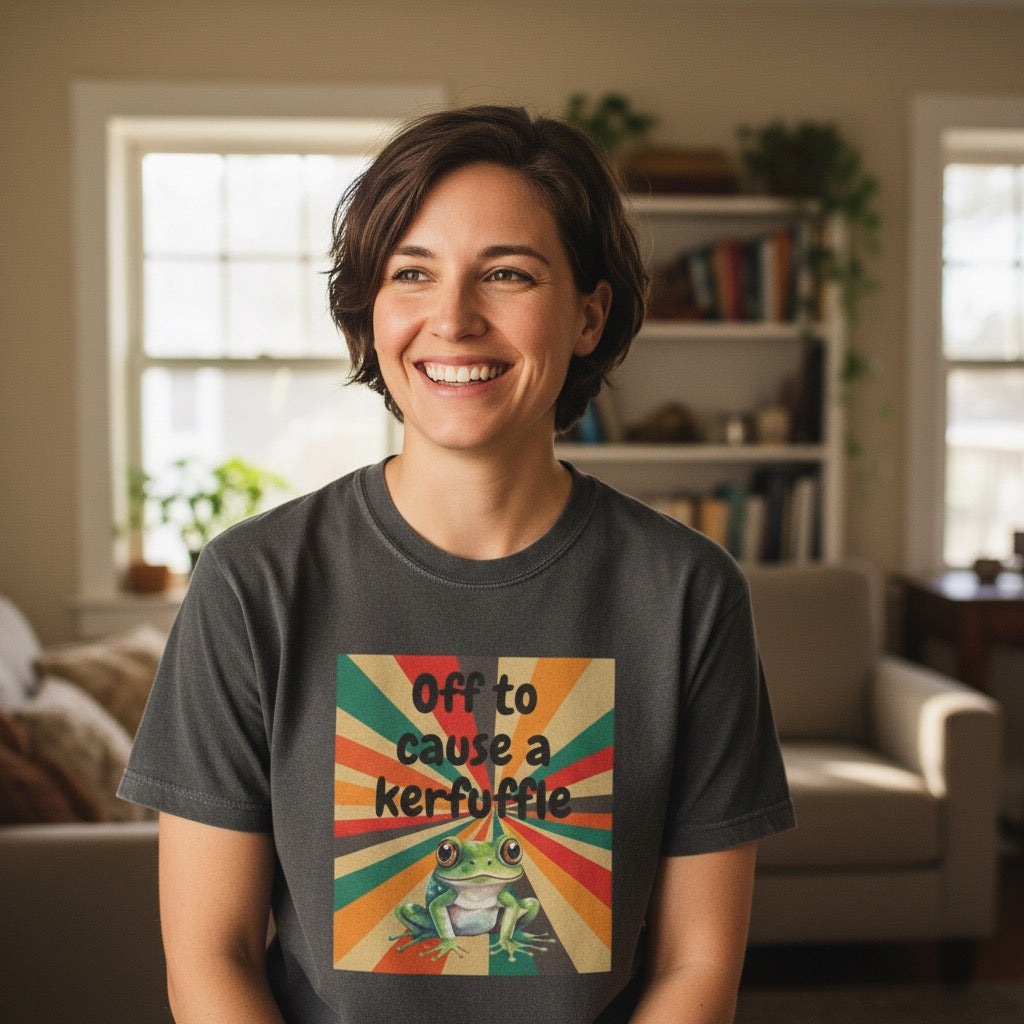 Off to Cause a Kerfuffle Frog T-Shirt | Retro Sunburst Graphic Tee
