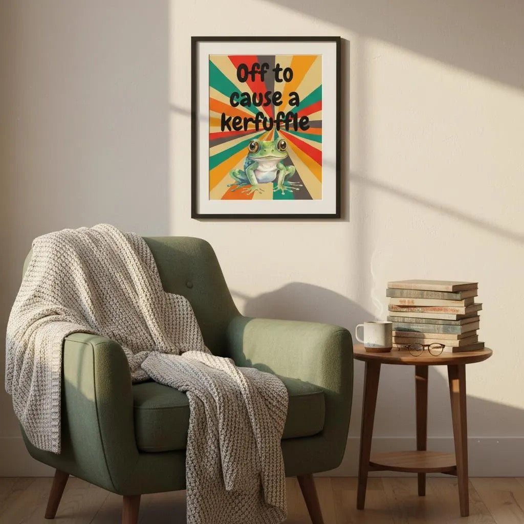 Off to Cause a Kerfuffle Frog Poster | Retro Vibe Funny Frog Wall Art