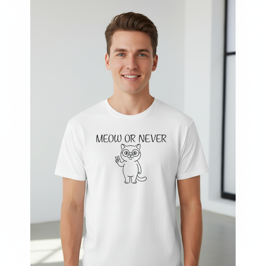 Meow or Never Cat T-Shirt | Funny Retro Cat Lover Gift Tee for Cat Mums & Dads