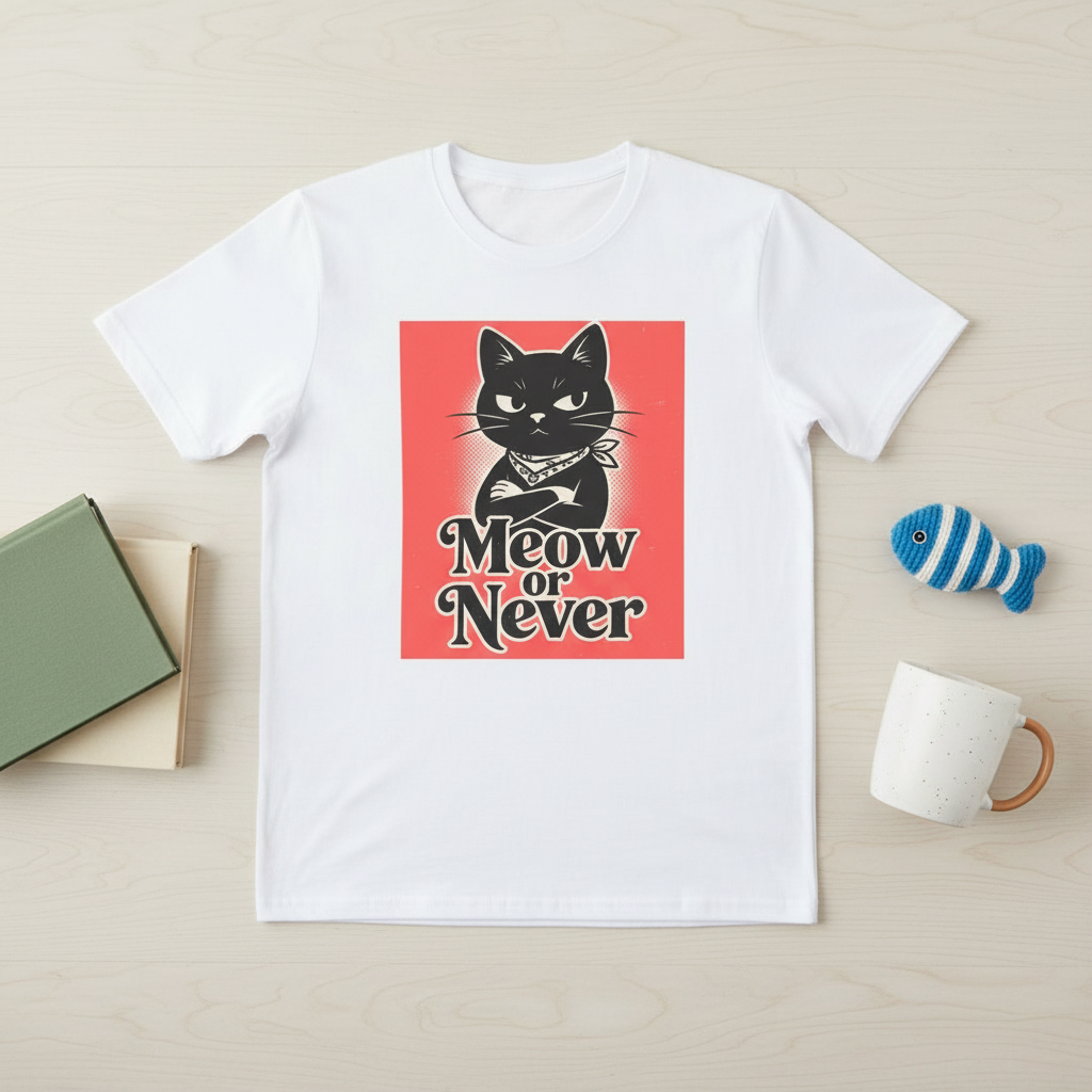Meow or Never Black Cat T-Shirt | Retro Cat Lover Gift Tee for Cat Mums & Dads